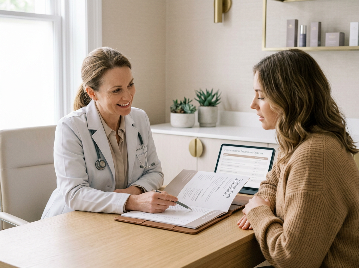 Woman consulting with a female doctor about nipple bleaching treatment.