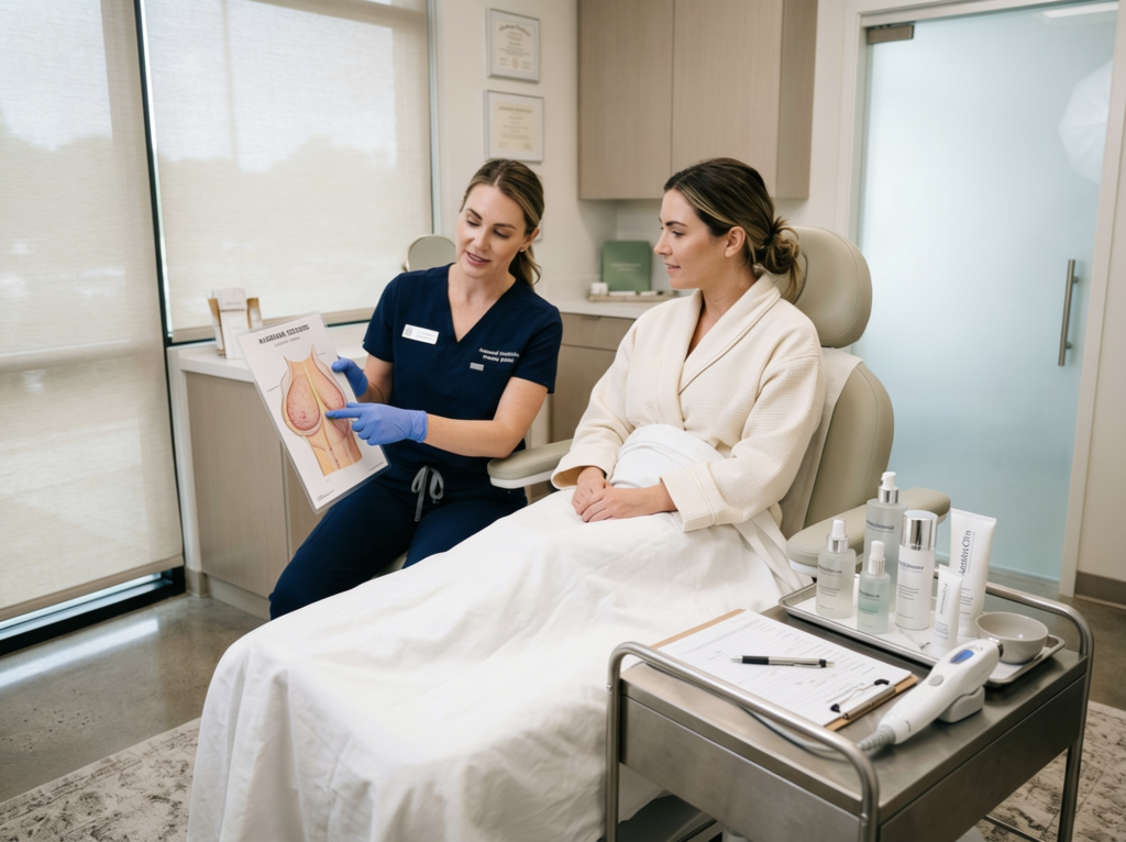 Woman undergoing a pre-treatment assessment before nipple bleaching.